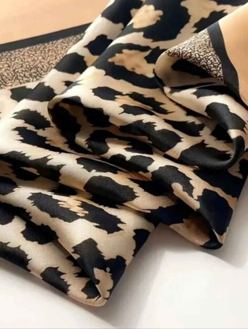Leopard Print Silk-Feel Square Scarf in Tan and Black